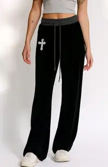 Black Velour Rhinestone Flare Pants Y2K 2000s Edgy Grunge Emo Small