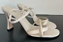 VTG Y2K Strappy BP Satin White Leather Kitten Heel Mule Square Toe Sandal Size 7