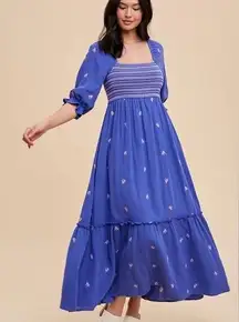 In Bloom EMMIE EMBROIDERED MAXI DRESS Blue Pink Large Cottagecore boho FP