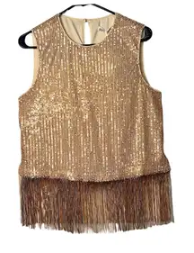 Grace Karin Top Womens Size L Tan Sleeveless Pullover Fringe Sequin Lined NWT