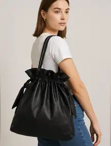 TOPSHOP Black Faux Leather Drawstring Tote