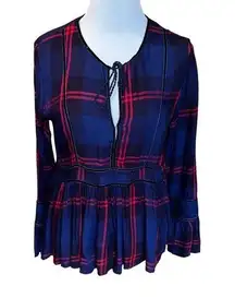 Thread & Supply Navy and Red Plaid Peplum blouse w/ tie closure Size Medium