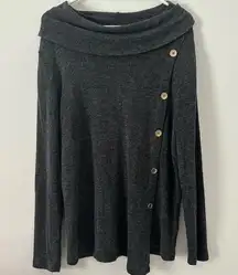 Adrienne Vittadini Charcoal Gray Fold Over Neck Button Detail Long Sleeve XL