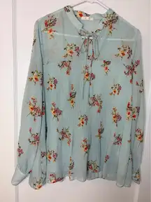 PLEIONE Women's Sheer Floral Print Pleated Tie Neck Long Sleeve Blouse Top L