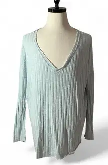 Out From Under Ribbed V Neck Long Sleeve Oversized Sweater Light Blue Size M