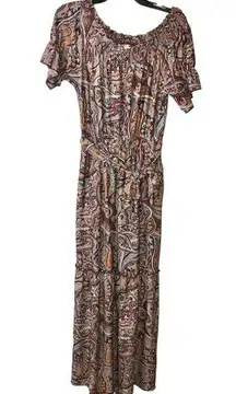 Cato  Boho Paisley Belted Smocked Maxi Dress Brown Orange Blue Small