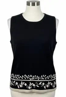Dressbarn Knit Sweater Vest Tank Top S Black Floral Embroidered Sequins 90s Y2K