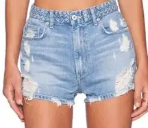 Tularosa Emma Santorini Braided Belt Distressed Denim High Rise Shorts Size 28