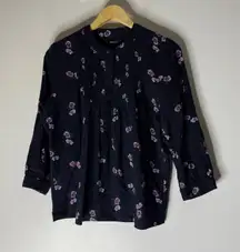 Madewell Tunic Blouse Blue-Black  Background & Purple Floral Print Size Small