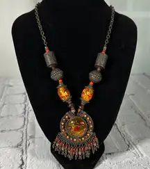 Bohemian Boho Bronze Orange Amber Chunky Statement Necklace 19”