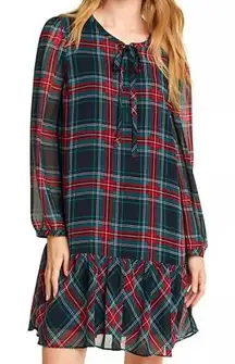 Draper James Plaid Tie Neck Long Sleeve Ruffle Hem Shift Dress Women's XL