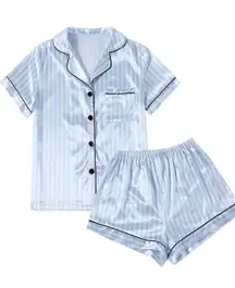 Lyaner Women’s Striped Silky Satin Pajamas Short Sleep Top with Shorts Sleepwear PJ Set