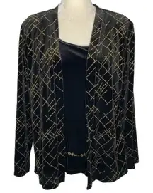 Notations Layered Look Cardigan Top L Black Velvet Gold Removable Jewelry Belt