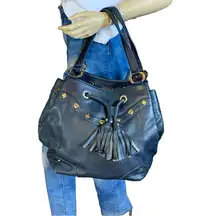 MCM BLUE LEATHER DRAWSTRING TOTE BAG WITH TASSEL & STUD DECORATIONS