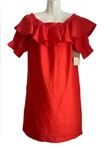 Lucy & Laurel Bright Coral Linen dress, off shoulder, puff sleeve, pockets XL