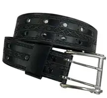 Saddle Leather Womens Belt Black Size 32" Small Cut Out Laser Cut Silver Buckle