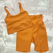 Years Of Ours Ribbed Matching Set Biker Shorts Racerback Sports Bra Orange Small