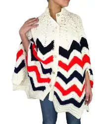 1980s Vintage Sweater Cream Blue Red Chevron Granny Knit Poncho Shall Medium