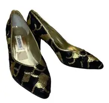 Caparros Black Gold Sequin Scallop Animal Print Heels 10 Party Formal