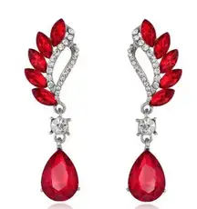 Red Waterdrop Wings Shaped Drop Earrings Silver Plated Retro Dangle Earrings