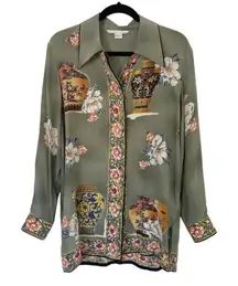 Peter Nygard 100% Silk Vase Floral Print Button Front Shirt Top Women's Size 4