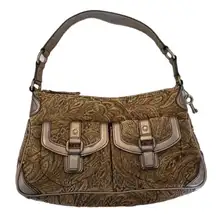 Fossil Y2K jacquard & bronze leather handbag, new and super clean w/one flaw.