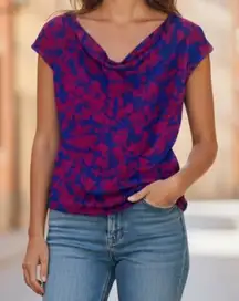 Pippa Shell Blouse Blue Pink Geometric Floral Silk