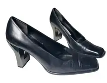 Black Leather Block Heel‎ Pumps Cut-Out Metallic Heel Y2K Statement Shoes
