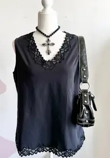 Black Lace Trim‎ Tank Top, Gothic Whimsigoth Grunge Indie Sleaze Large