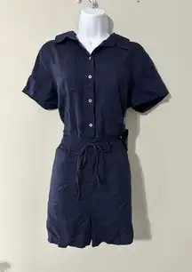 Vince Camuto Navy Blue Short Sleeve Button Front Romper Drawstring Waist Size M‎