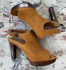 Ralph Lauren Platform Heels Sling back Peep toe Brown Leather Heels 9.5 NEW