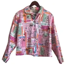 New Direction Women Cotton Top‎ L Multicolor Artsy Novelty Travel Print Jacket