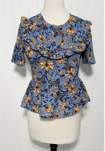 Zara Exaggerated Ruffle Floral Print Blouse Top Short Sleeve‎ Blue Orange Small
