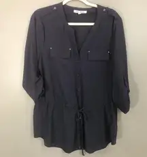 Beautiful Navy Blue Blouse with gathered waist and roll tab sleeves