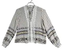 Lucy Paris‎ Blouse Bohemian Lace Trim Long Sleeve Top Geometric Print Medium