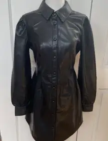 Faux Leather Button Up Down Long Sleeve Dress Mini