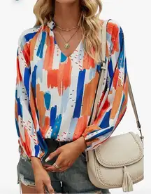 NEW~ Long Sleeve V Neck Loose Chiffon Abstract Blouse S