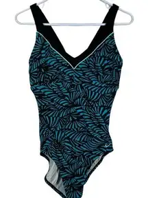 Women's NIKE Black Teal V-Neck Training Athletic Swimsuit Size Large EUC #6206