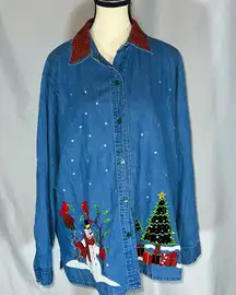 Tantrums • Christmas Embroidered Jean Jacket Christmas Trees Snow Plaid 1x