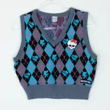Monster High Womens Argyle V Neck Sweater Vest Size L Checkered Twee Preppy Goth