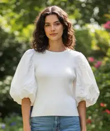 En Saison White Puff Sleeve Ribbed Knit Top Cotton modern Sz Large