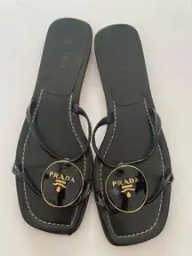 Prada Heeled Sandals Gold Logo Black Leather T Strap Flip Flop Slides EU 41