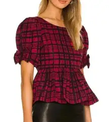 LoveShackFancy Keily Puff-Sleeve Peplum Top Blouse Moody Ruby Plaid Coquette 2