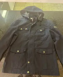 Wenven Woman's Black Coat‎ Jacket Parka Hood Military Style Sz Sm Pockets Patch