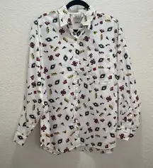 ILIO Women Large Blouse‎ Button Down Aztec White Long Sleeve western vintage