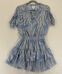 MISA Los Angeles Becca Dress Short Sleeve Blue Beige Zebra Print S READ