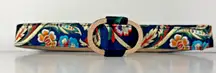 Women's Floral Satin Embroidered Belt Gold Oval Buckle Boho‎ Vintage Style 35"