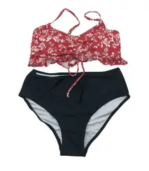 Womens Bikini Set High Rise Ruffle Removable Cups Floral Ruched Red Black S