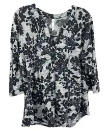 NY Collection Plus Size 3X Top Gray Black Floral V Neck Knit‎ Boho Stretch 830