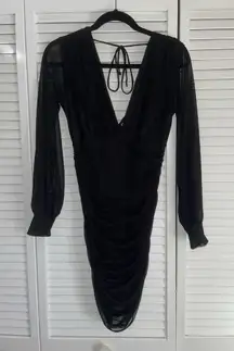 Black Mesh Long Sleeve Ruched Midi Dress